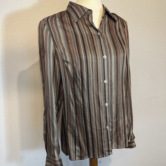 Vintage Silk Old Money Blouse Sz 8 Striped Button Top Heritage Academia Capsule - Picture 4 of 10